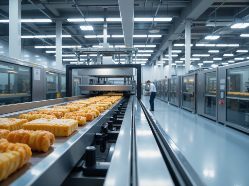 现代化工厂车间内部，整齐排列的食品生产设备，工人正在操作机器，明亮的灯光照亮整个车间，体现现代化生产环境