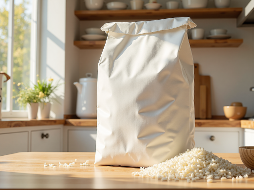 精美的面粉包装袋,白色袋子上有品牌标识,袋口扎紧,旁边摆放着散装面粉,体现面粉的细腻质感