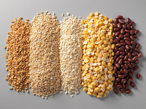 多种杂粮混合包装,包括红豆、绿豆、小米等,彩色包装袋设计,袋口扎紧,摆放在厨房台面上