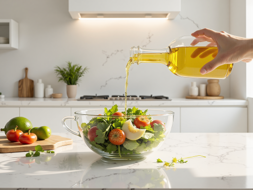 精美的食用油瓶装产品,透明玻璃瓶身显示清澈的植物油,瓶身标签有品牌标识和营养成分,摆放在厨房台面上